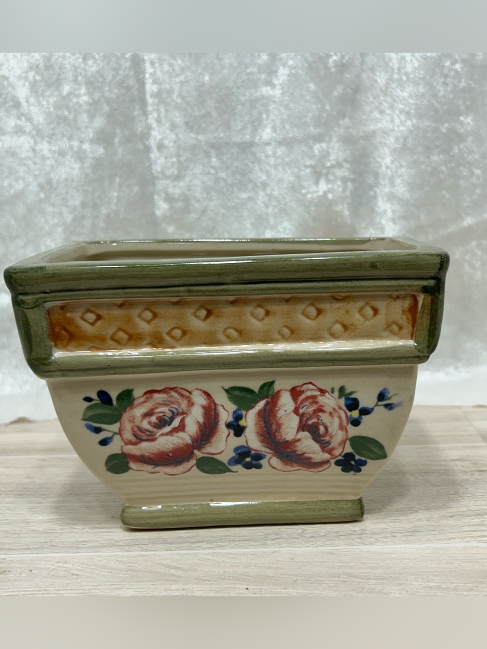 Floral Rose Ceramic Planter Green Cream Cottagecore Decor